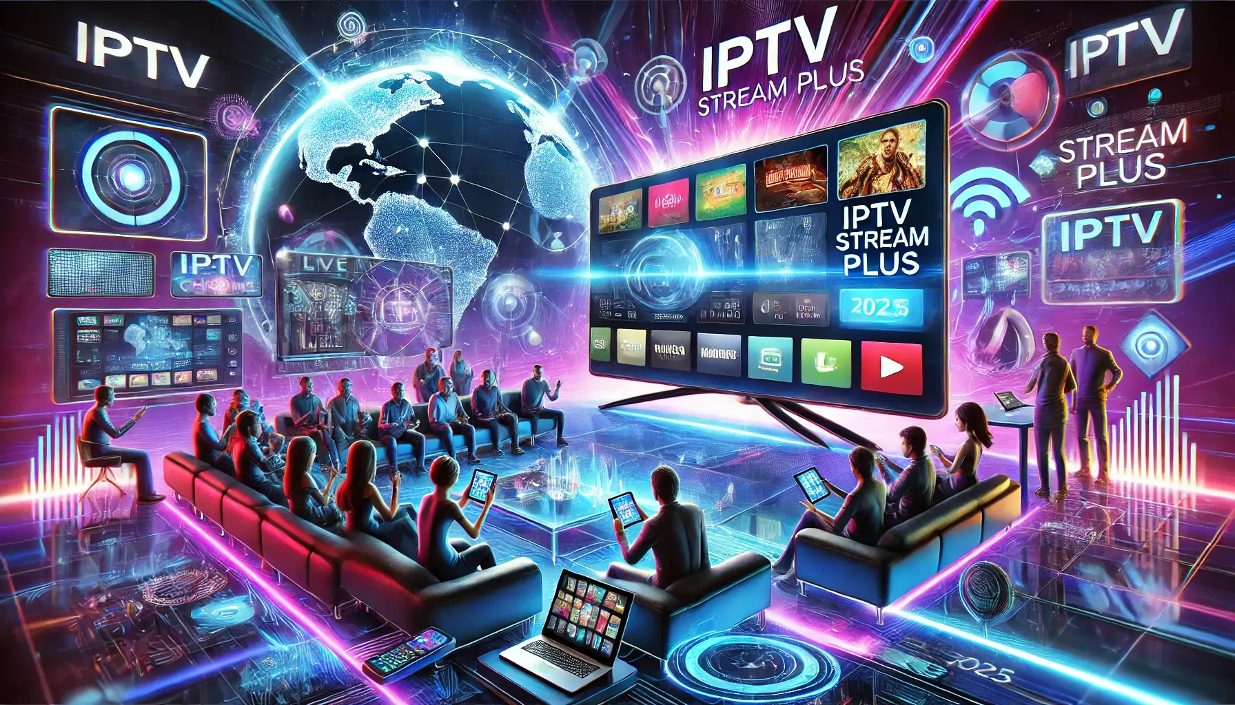 A futuristic digital illustration showcasing IPTV Stream Plus in 2025, featuring a smart TV with a vibrant streaming interface, multiple device connectivity, and glowing tech elements