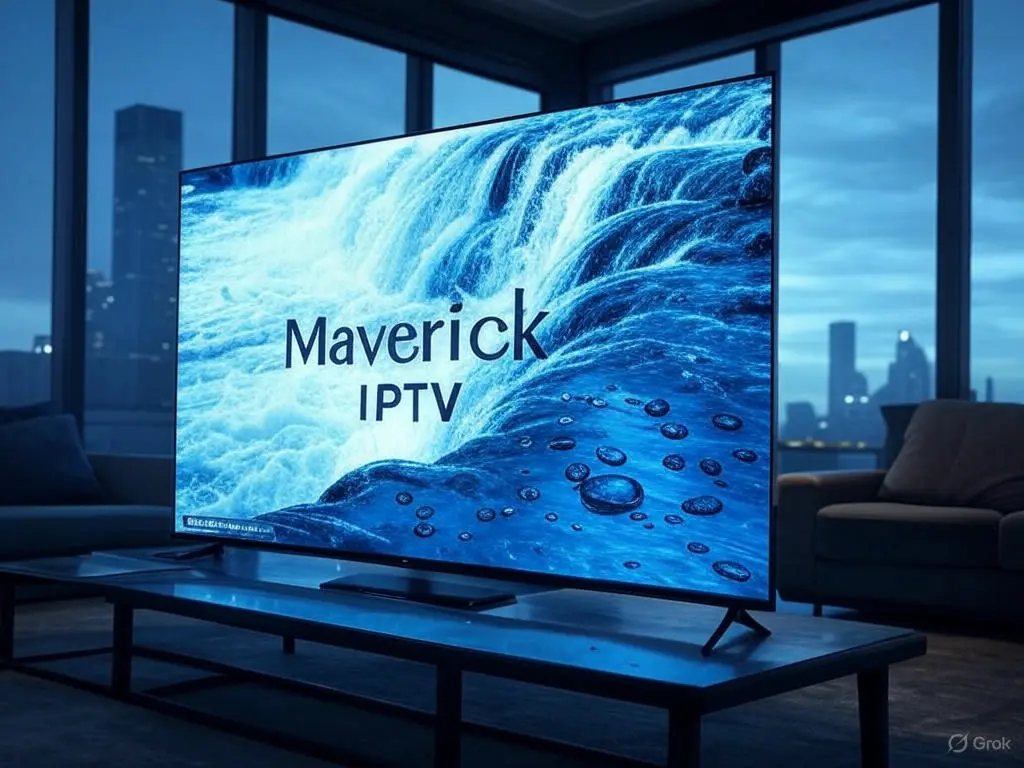 Crystal IPTV by Maverick IPTV - 4K Streaming Clarity with Nature Scene A close-up of a high-end TV screen displaying a vibrant waterfall scene in 8K with Maverick IPTV's Crystal IPTV. Water droplets reflect the Maverick IPTV logo, highlighting the crystal-clear quality of this great IPTV service, with the tagline "Crystal IPTV - See the Difference."
