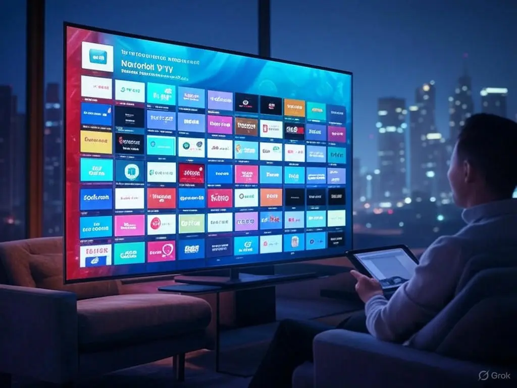 Maverick IPTV vs. British IPTV Free The Mighty 2025 Champion A futuristic living room with a smart TV showcasing Maverick IPTV’s 8K interface with 20,000+ IPTV British channels, dominating British IPTV free with secure streaming via a VPN on a tablet.