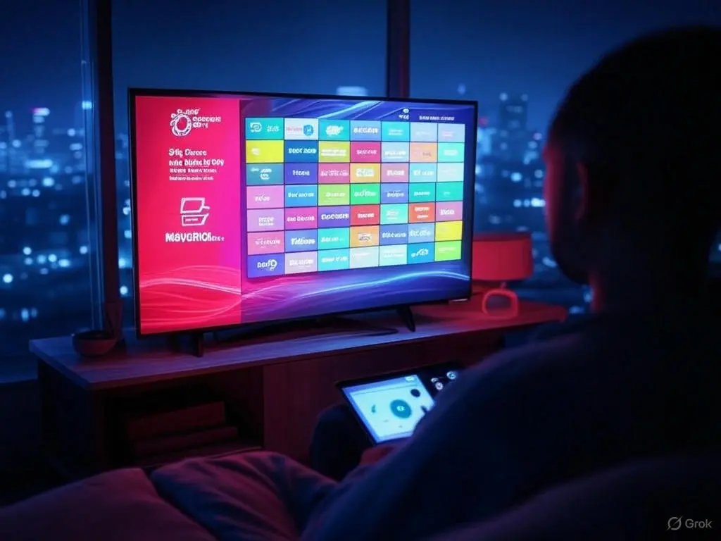 A futuristic living room with a smart TV showing Maverick IPTV’s 8K interface, shielding users from the IPTV crackdown and firestick IPTV crackdown, as a person uses a VPN for safety.