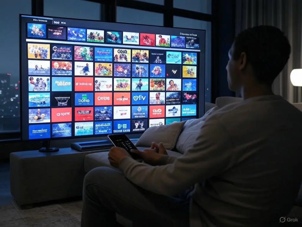 A person in a luxurious living room uses a smart device to control a TV displaying Maverick IPTV’s channel selection, outclassing StreamRoyal IPTV and Royal IPTV Box with 60,000+ VOD titles and a great IPTV