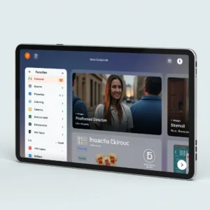 Tablet showing comprehensive IPTV app with extensive channel favorites menu for users who buy IPTV subscription services