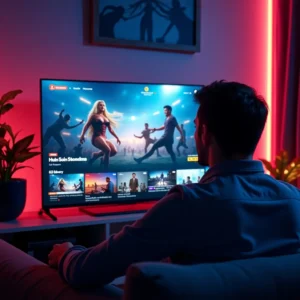 Person enjoying high-quality sports streaming on TV with professional interface from cheap IPTV subscription service