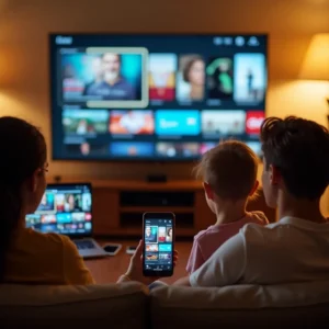 Family watching IPTV content on TV while using smartphone remote control in modern living room