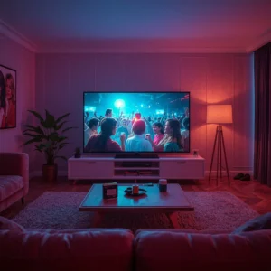 Modern living room with large TV displaying concert scene, showcasing premium entertainment through iptv streaming apps