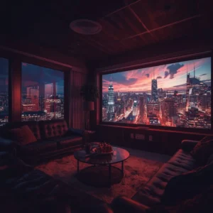 Luxury penthouse living room with panoramic city skyline view, perfect setting to iptv subscribe for premium entertainment