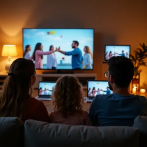 Family watching synchronized IPTV content on multiple devices including TV, laptop and tablet in living room