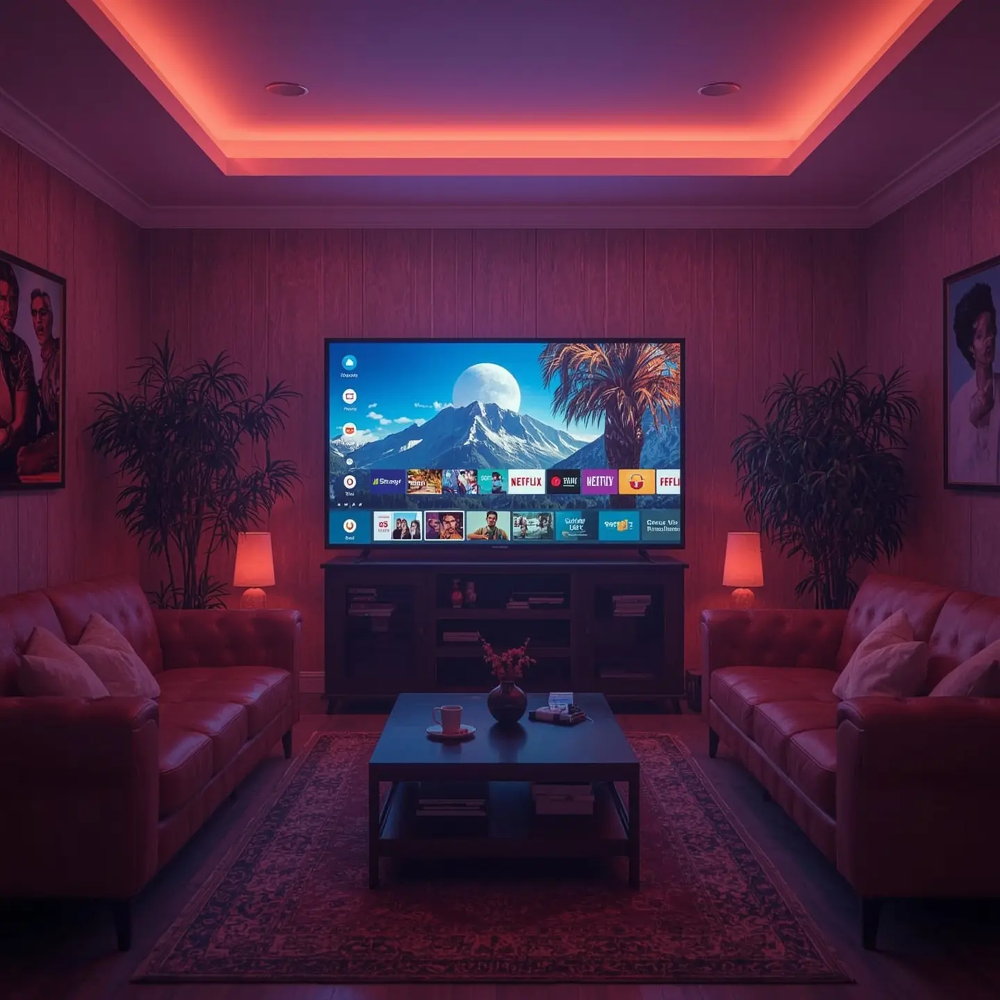 Person watching dramatic action movie on large TV in cozy living room, enjoying premium content after choosing to iptv subscribe