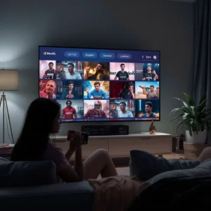 Person browsing streaming content menu on TV with remote control, exploring options discussed in iptv subscription reddit communities