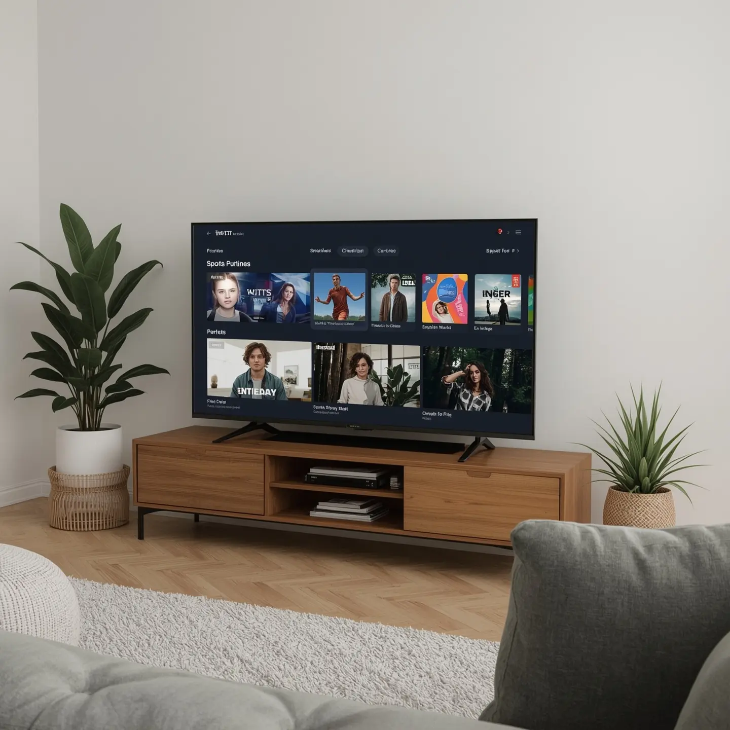 Modern living room setup with large TV displaying IPTV subscription streaming interface and various movie thumbnails