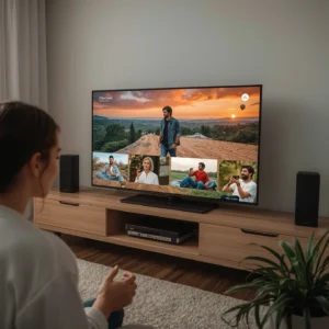 Person watching large TV screen displaying video call interface with multiple participants through IPTV subscription service