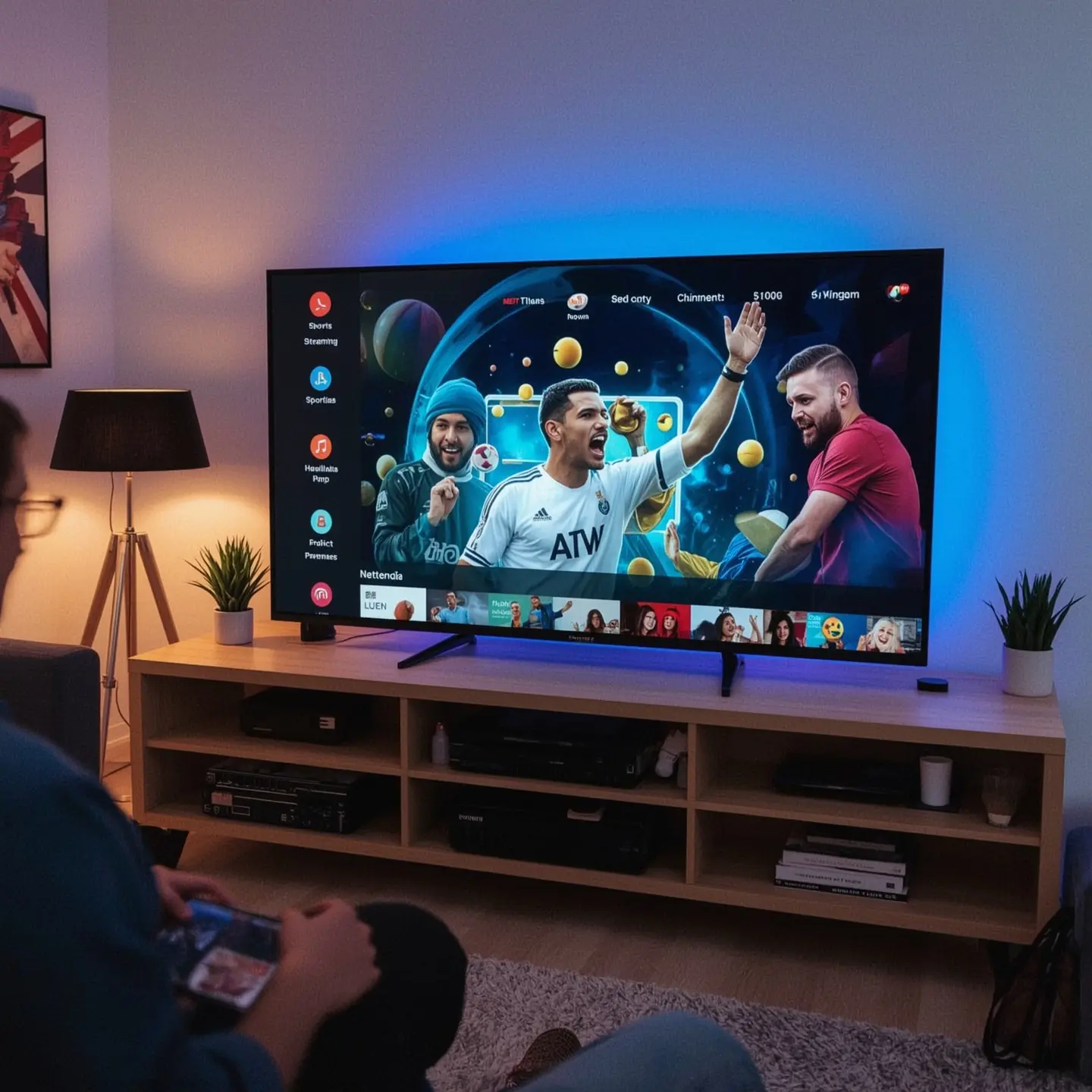 Person using smartphone to control large TV displaying sports content and streaming interface through IPTV subscription service