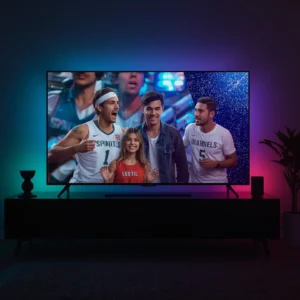 Large TV screen displaying group of friends celebrating sports content with colorful ambient lighting in modern entertainment setup for IPTV subscription USA viewers