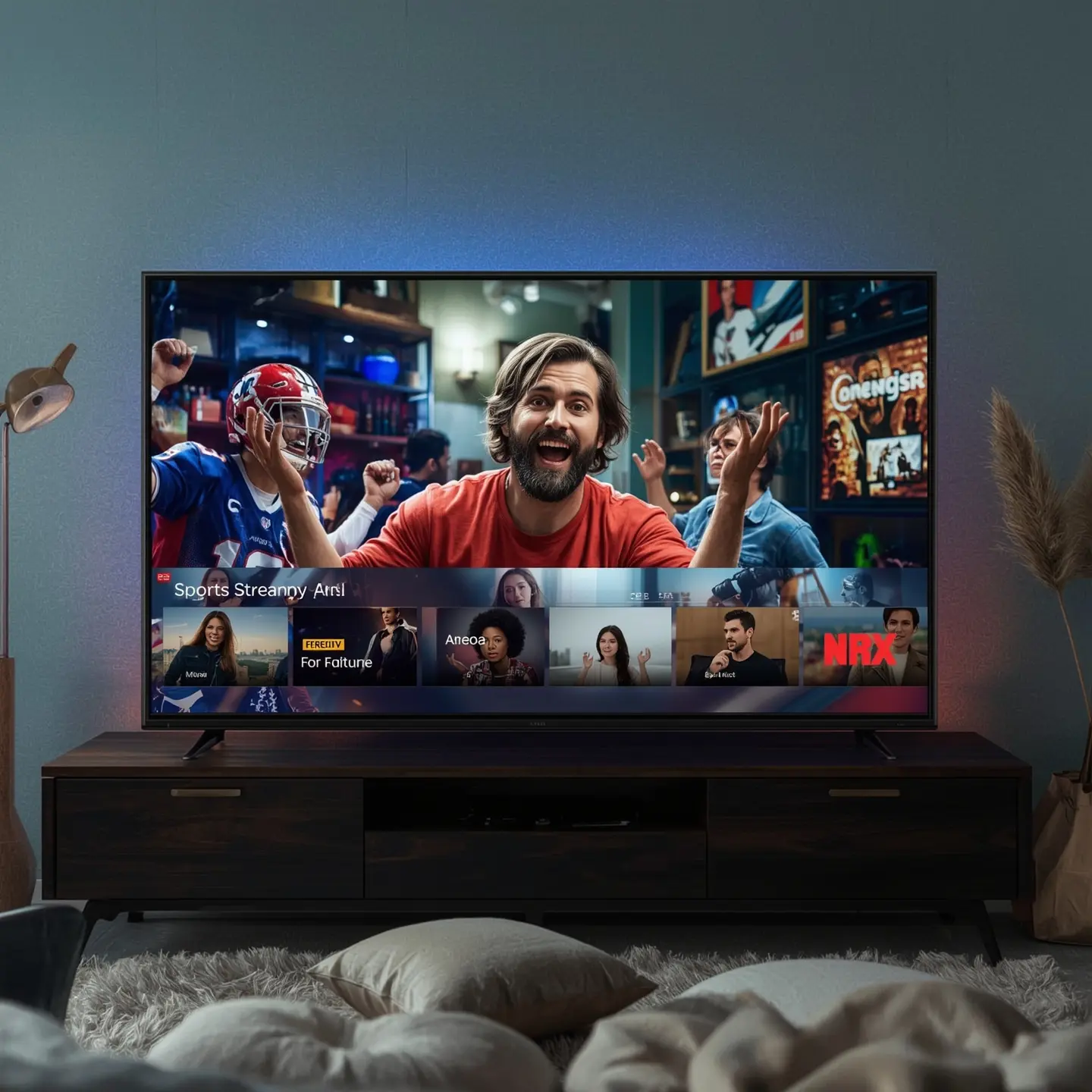 TV displaying sports streaming interface with excited fans celebrating in sports bar, showcasing content available through IPTV subscription USA services