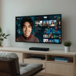 Wall-mounted TV displaying streaming interface with portrait and content thumbnails, showcasing diverse entertainment options available through IPTV subscriptions