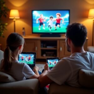 Two people enjoying 4k IPTV subscriptions streaming sports content on TV, tablet and laptop simultaneously