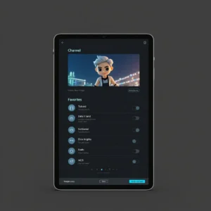 Tablet showing premium IPTV app interface with favorites list and channel toggles representing best IPTV subscriptions available