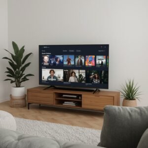 4K IPTV subscription streaming interface displayed on modern TV in living room setup