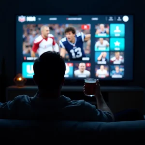 Person watching live football match on TV using Smarters IPTV streaming application interface