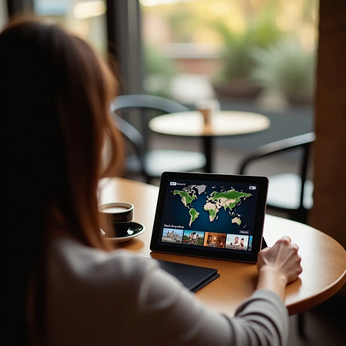 Woman using tablet to access Smarters Player Lite IPTV content with world map interface in modern cafe setting