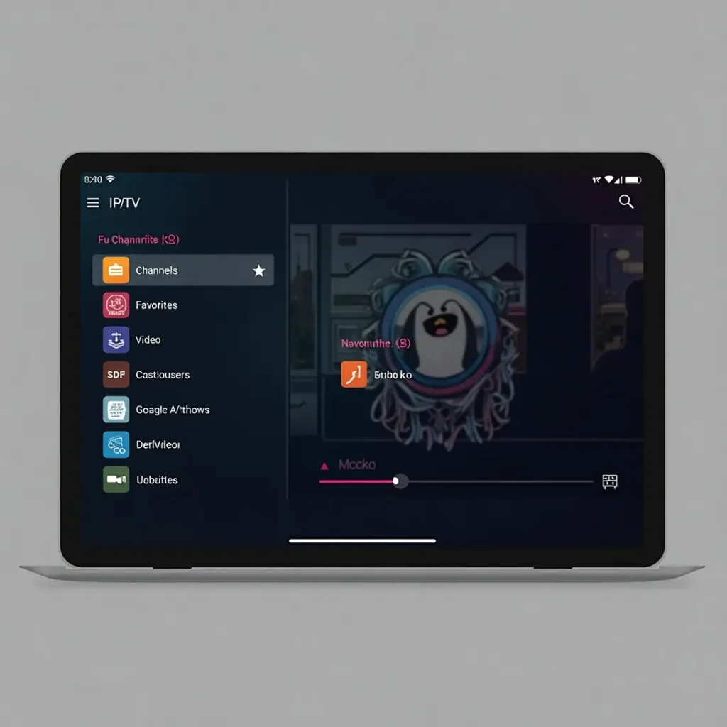 IPTV Smarters Elite interface on tablet showing navigation menu with channels, favorites, video options and live streaming content