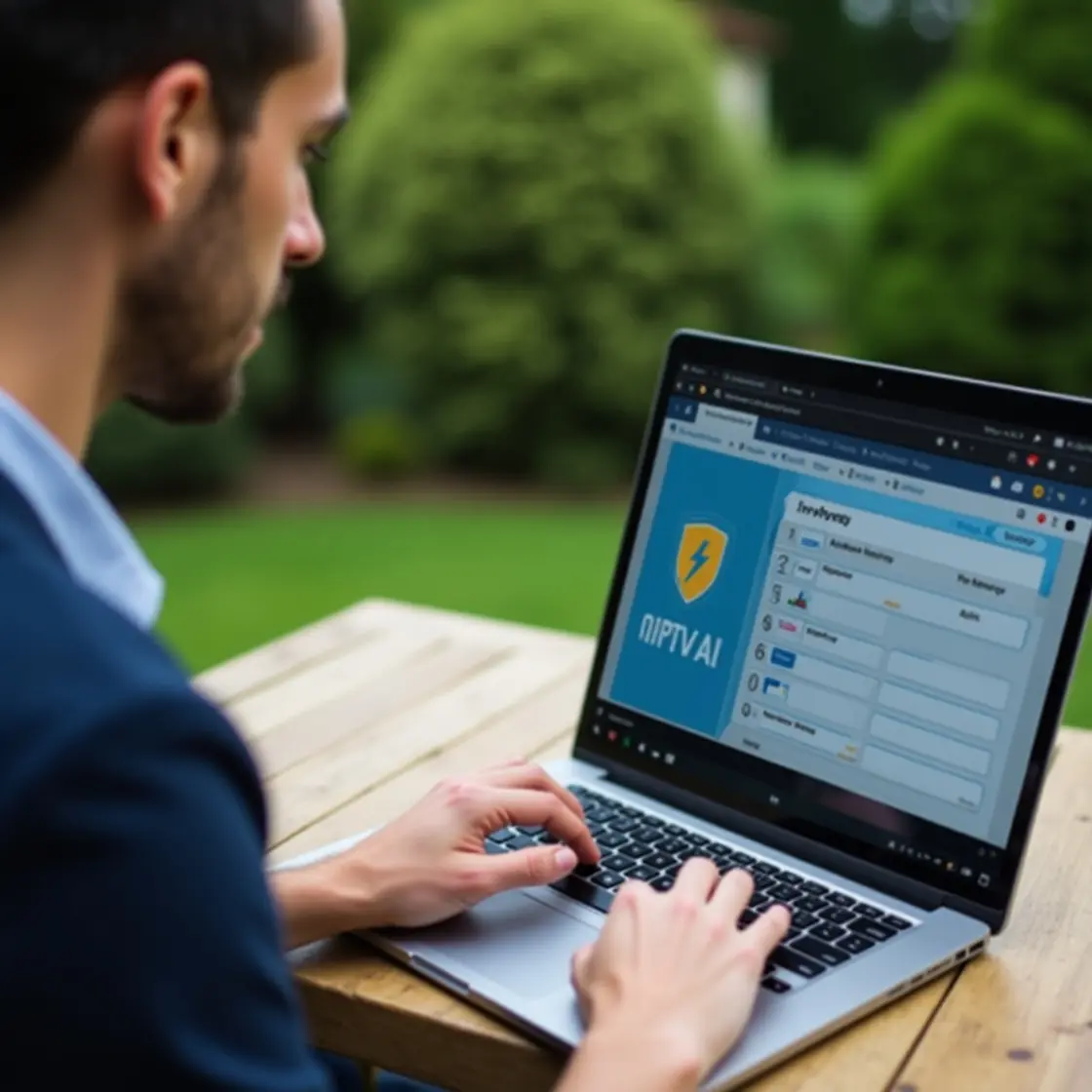 Man using laptop outdoors to access IPTV avec VPN intégré service with security interface displayed on screen
