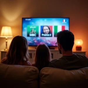 Family of three watching streaming content on TV displaying channel interface with smarter player lite entertainment system