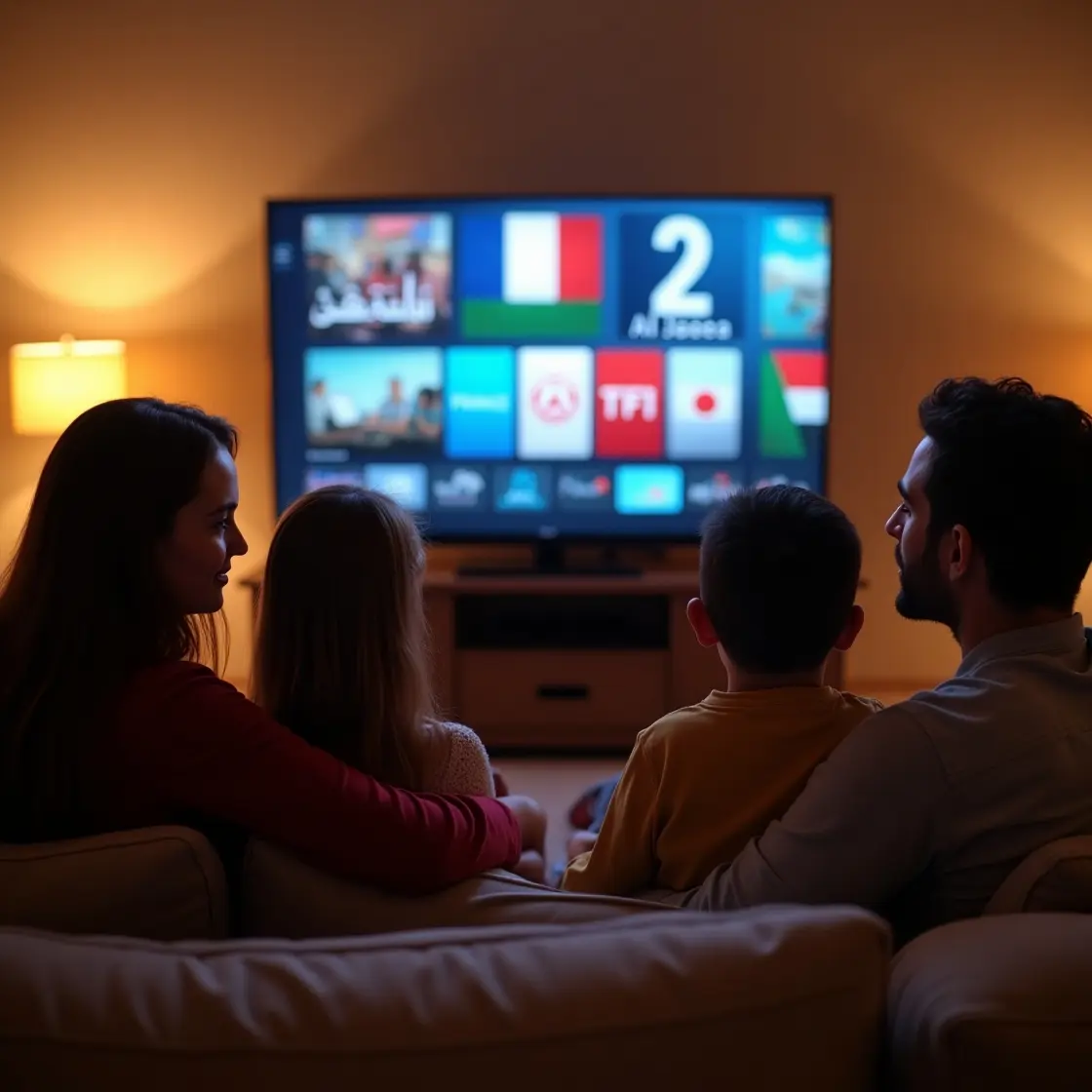 Family watching TV together using an IPTV player.