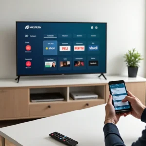 A person managing their TV content with a smartphone, demonstrating the multi-screen functionality of an application like Smarters Player Lite.