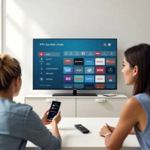 Two people using Smarters Player Lite app on smartphone to browse IPTV channels displayed on TV screen