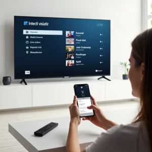 Woman using smartphone to browse IPTV subscription channels on modern TV screen in living room