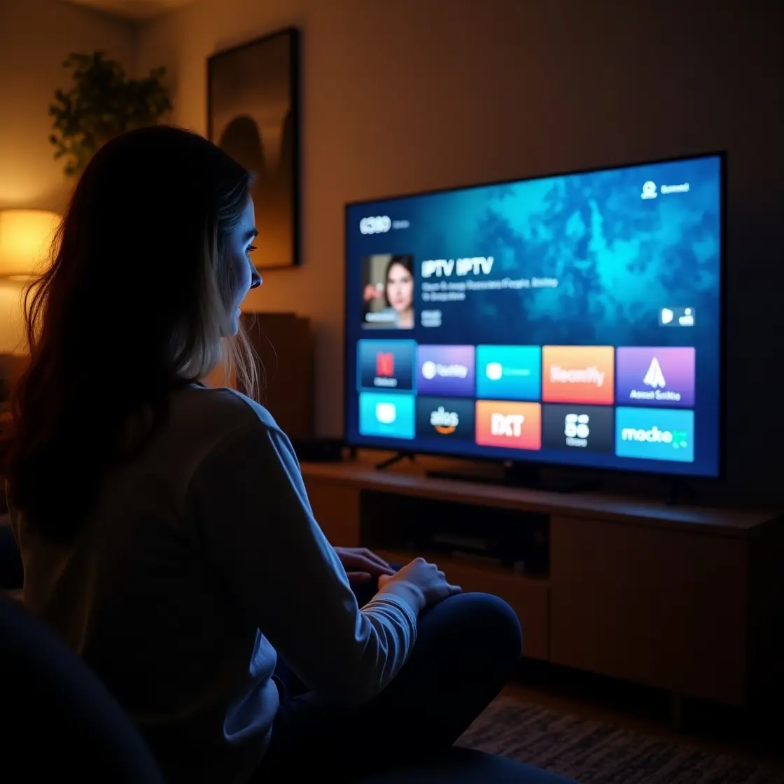 Femme regardant les applications de streaming France IPTV Pro sur télévision intelligente dans salon moderne