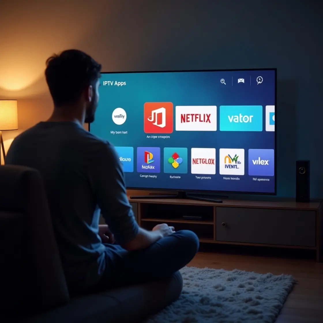 User browsing IPTV Apps interface on large TV screen showing Netflix, Vator, and other streaming platforms with smarterplayer lite functionality