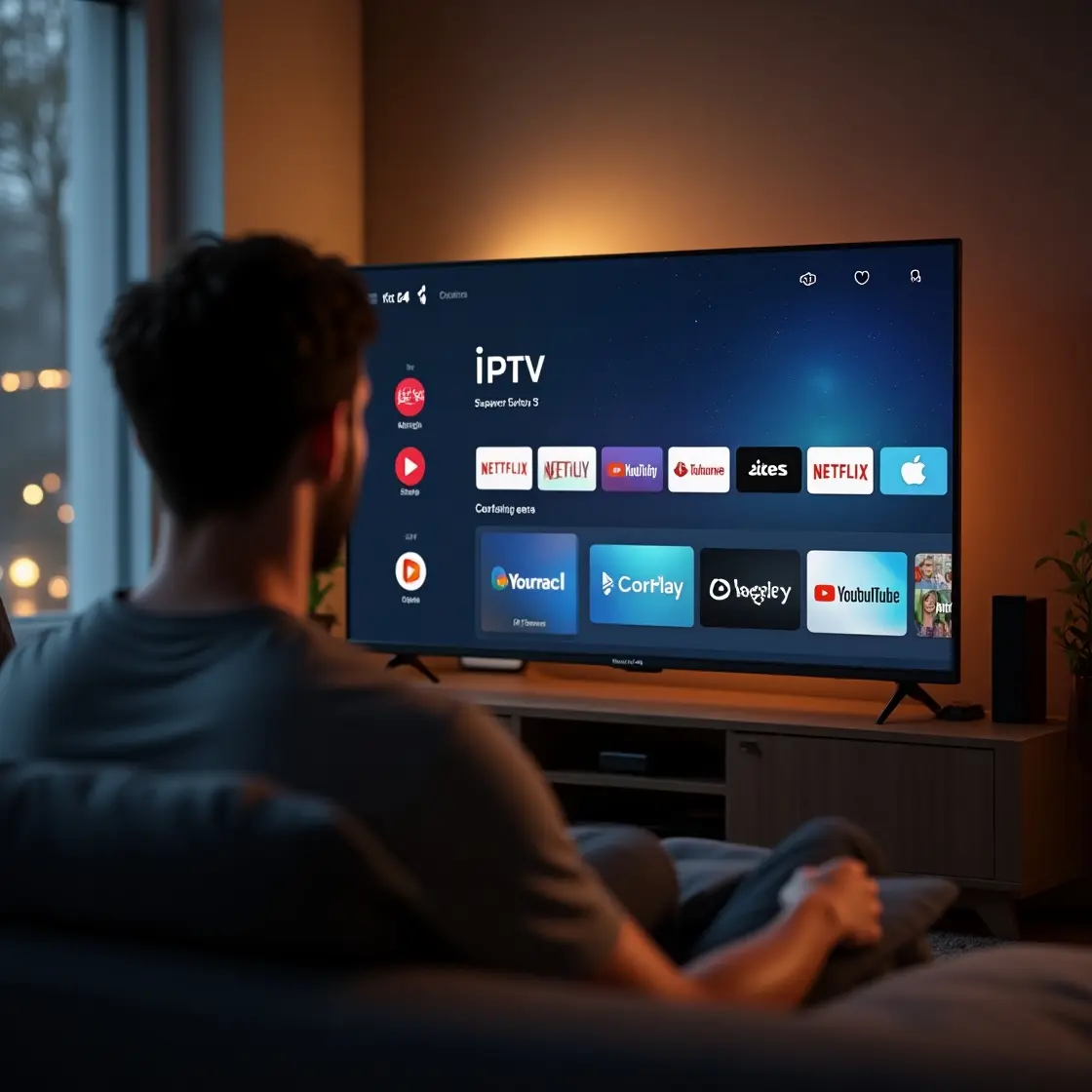 Person relaxing on couch browsing IPTV Smarters Lite subscription interface with streaming apps on large TV screen