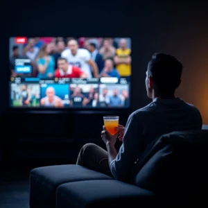 Man relaxing on sofa watching IPTV France Pro sports content with drink in dimly lit living room
