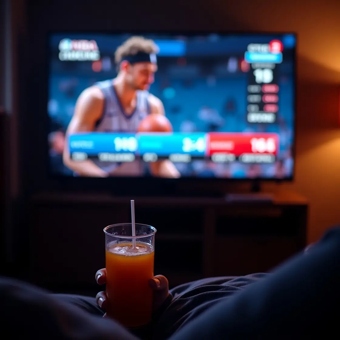 Person watching live basketball game on TV with drink in hand using france iptv pro streaming service