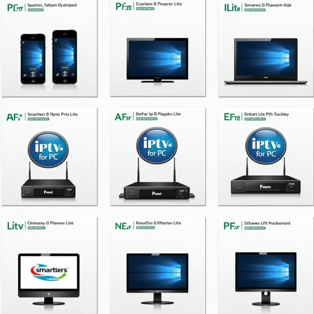 Smarter IPTV Lite compatibility chart showing various device types including smartphones, laptops, set-top boxes, and desktop monitors across different platforms