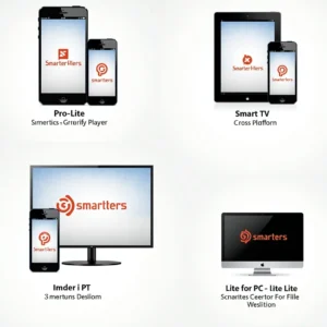 Multi-device display showing Smarters Lite applications across smartphones, tablets, TV, and desktop platforms