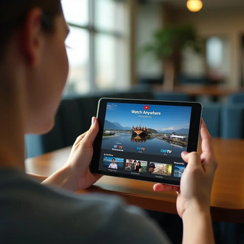 Person using Smarters Lite tablet app showing "Watch Anywhere" streaming interface with multiple TV channels and content categories in cafe setting