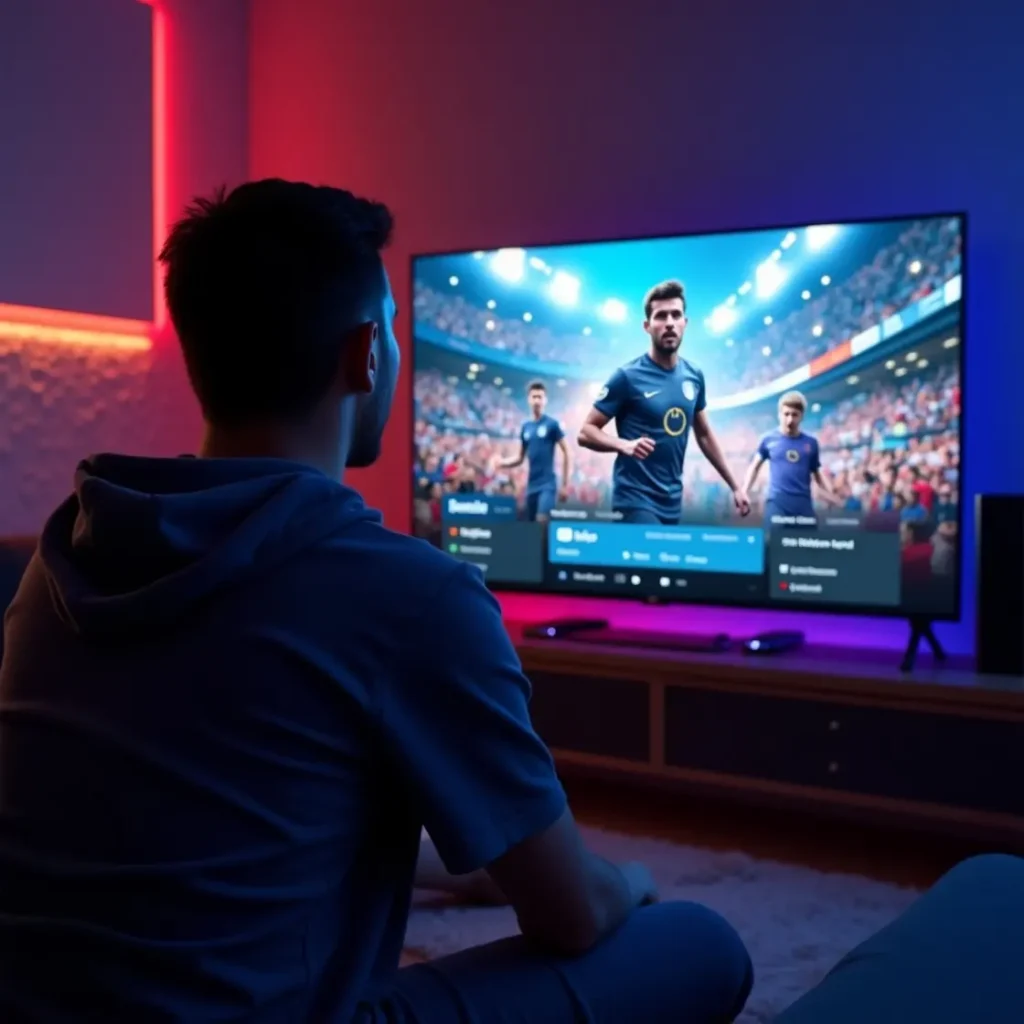 Person watching soccer match using IPTV Pro on smart TV with colorful LED ambient lighting setup