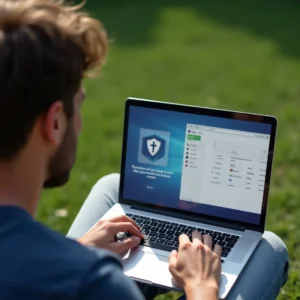 Man using laptop with VPN security interface while streaming with Smarters Pro Lite application outdoors