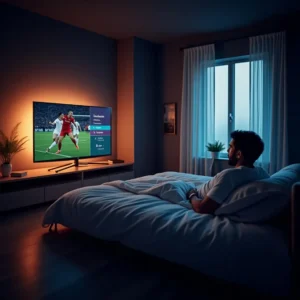 Man watching football match on smart TV using IPTV France streaming service in modern bedroom