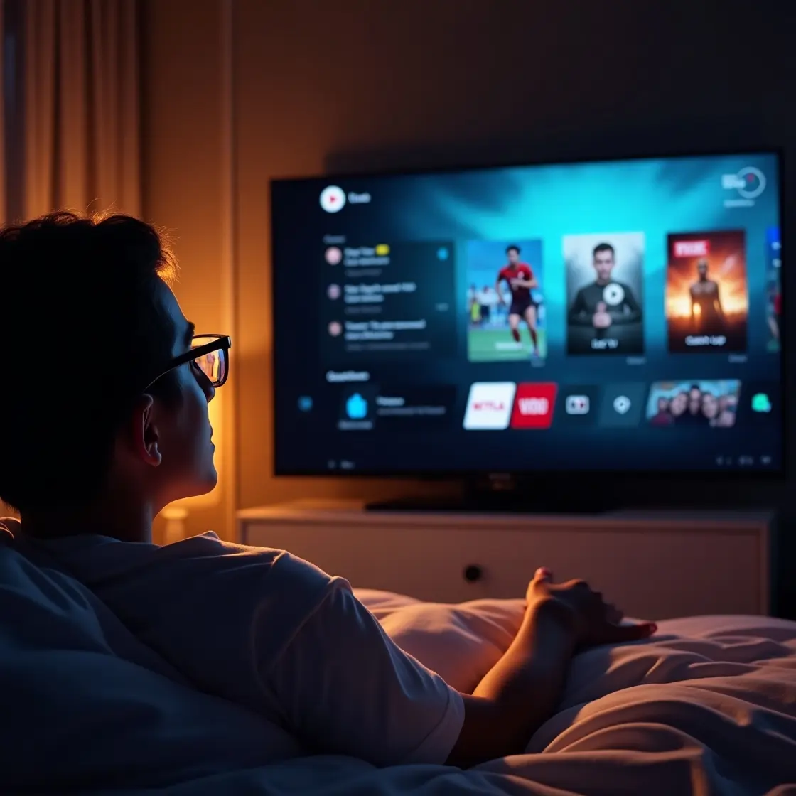 A person relaxing in bed while Browse movies and live channels on a smart TV using an intuitive interface like IP TV Smarters Lite.