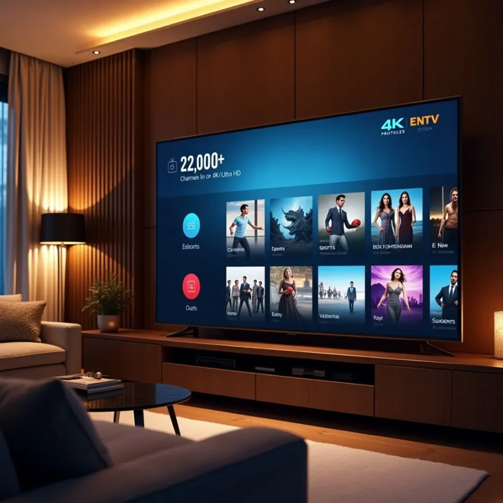 Premium IPTV subscription service displaying 22,000+ channels in 4K Ultra HD on large smart TV in modern living room setup