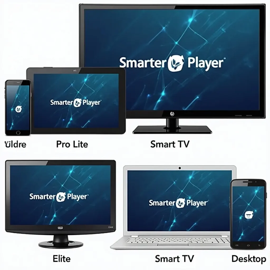 Smarters TV Lite app displayed on multiple devices including smartphone, tablet, smart TV, desktop monitor, and laptop showing cross-platform compatibility