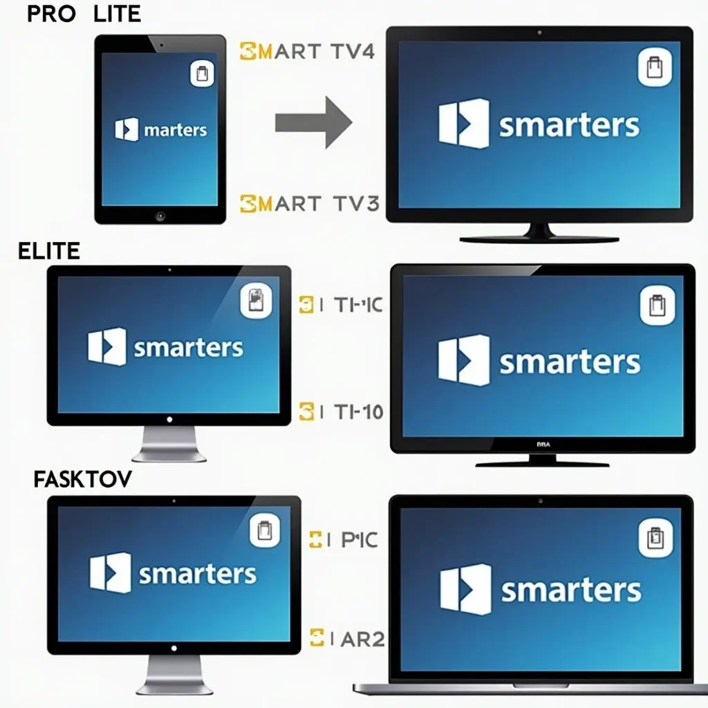 IPTV Smarters Lite PC compatibility guide showing different versions Pro Lite, Elite, and FastToV across multiple devices and platforms